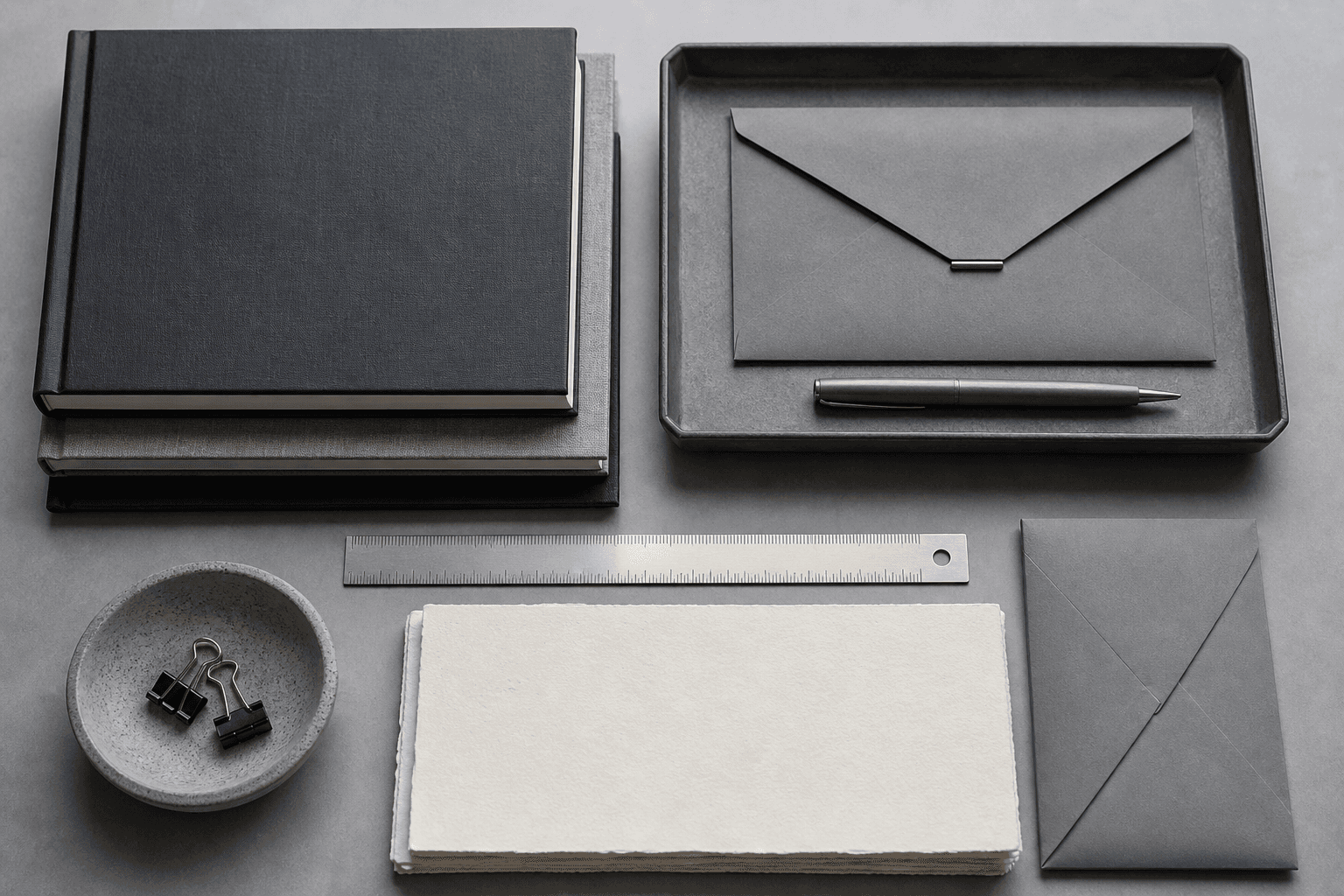Orderly stack of ledgers on a grey desk